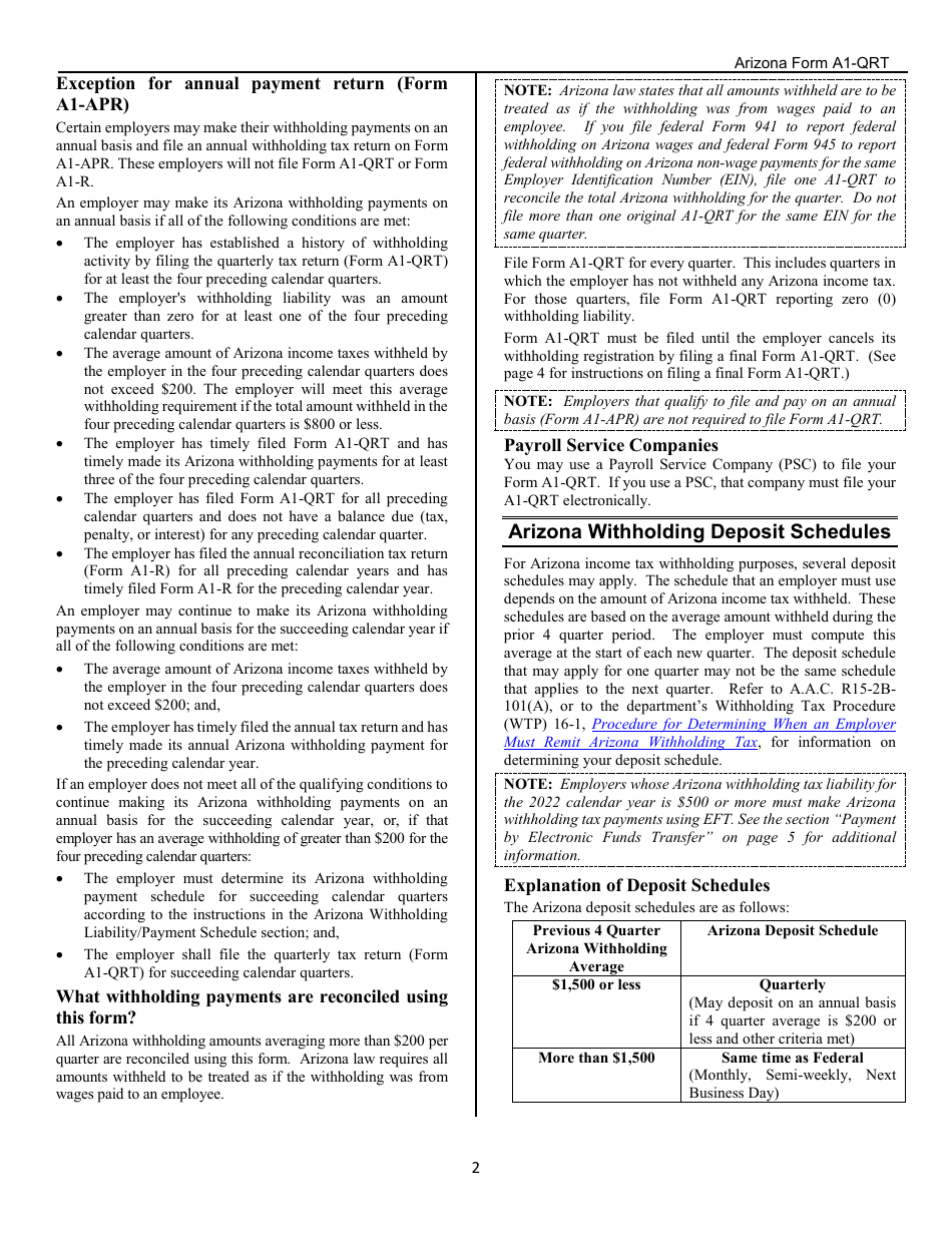 Download Instructions for Arizona Form A1QRT Quarterly Withholding Tax