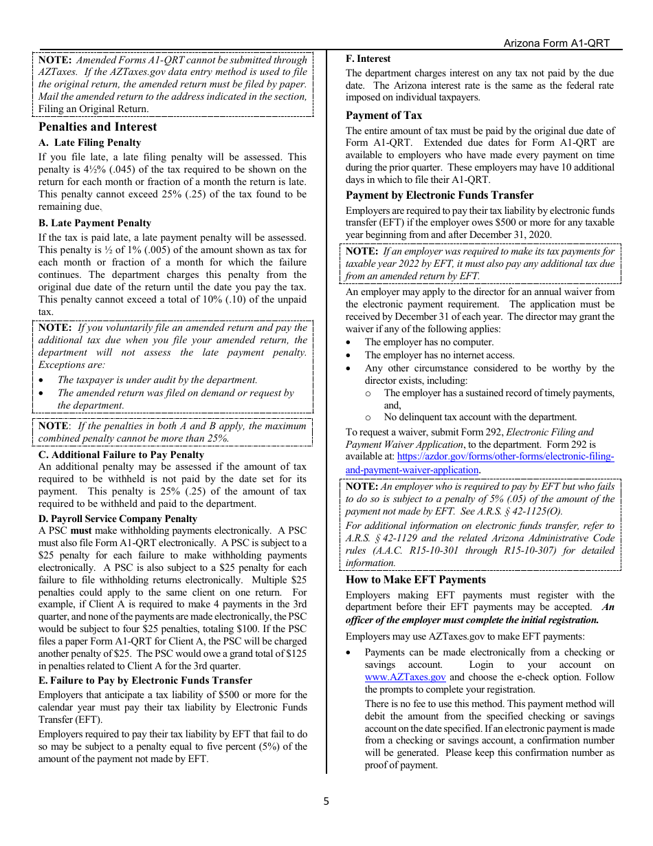 Download Instructions for Arizona Form A1QRT Quarterly Withholding Tax