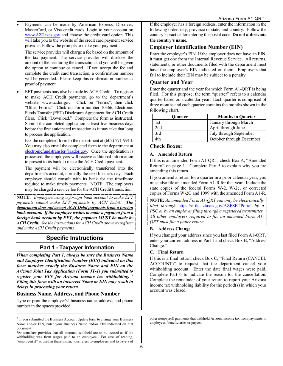 Download Instructions for Arizona Form A1QRT Quarterly Withholding Tax