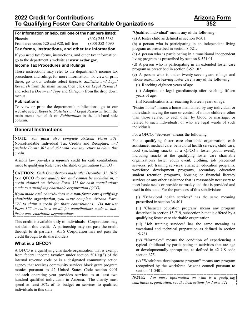 Instructions for Arizona Form 352 Credit for Contributions to Qualifying Foster Care Charitable Organizations - Arizona, Page 1