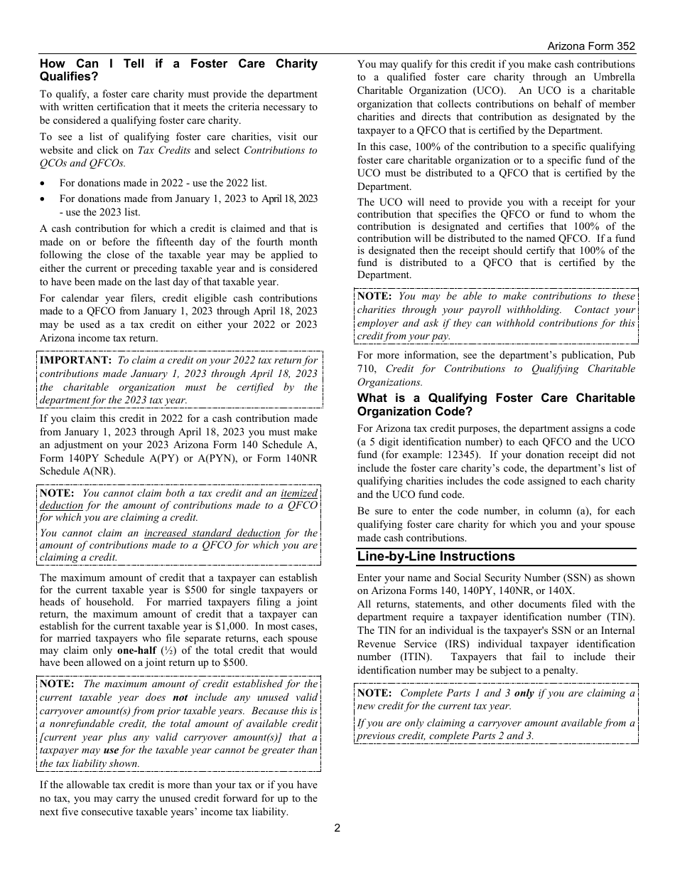 Instructions for Arizona Form 352 Credit for Contributions to Qualifying Foster Care Charitable Organizations - Arizona, Page 2