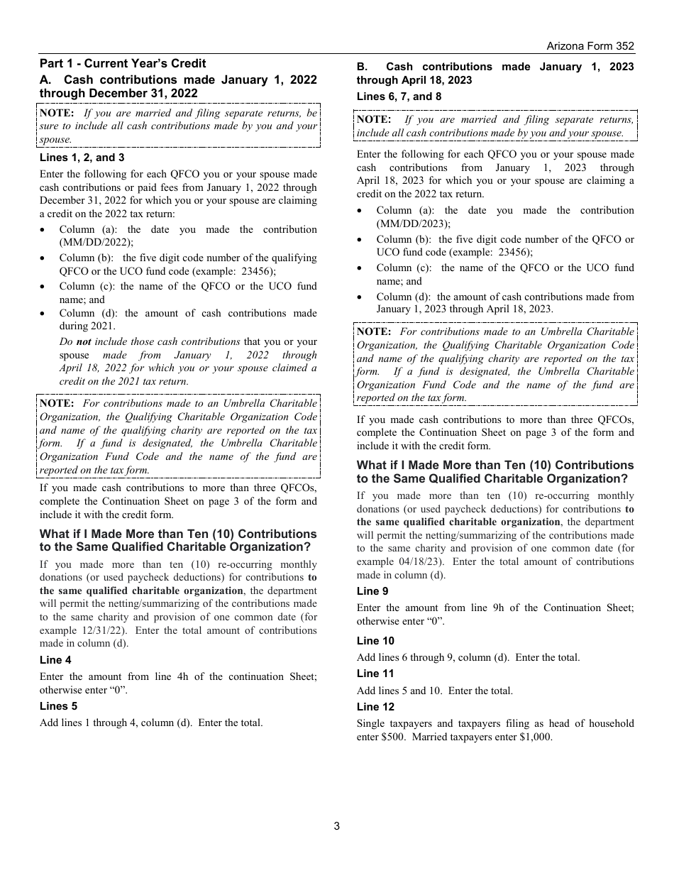 Instructions for Arizona Form 352 Credit for Contributions to Qualifying Foster Care Charitable Organizations - Arizona, Page 3