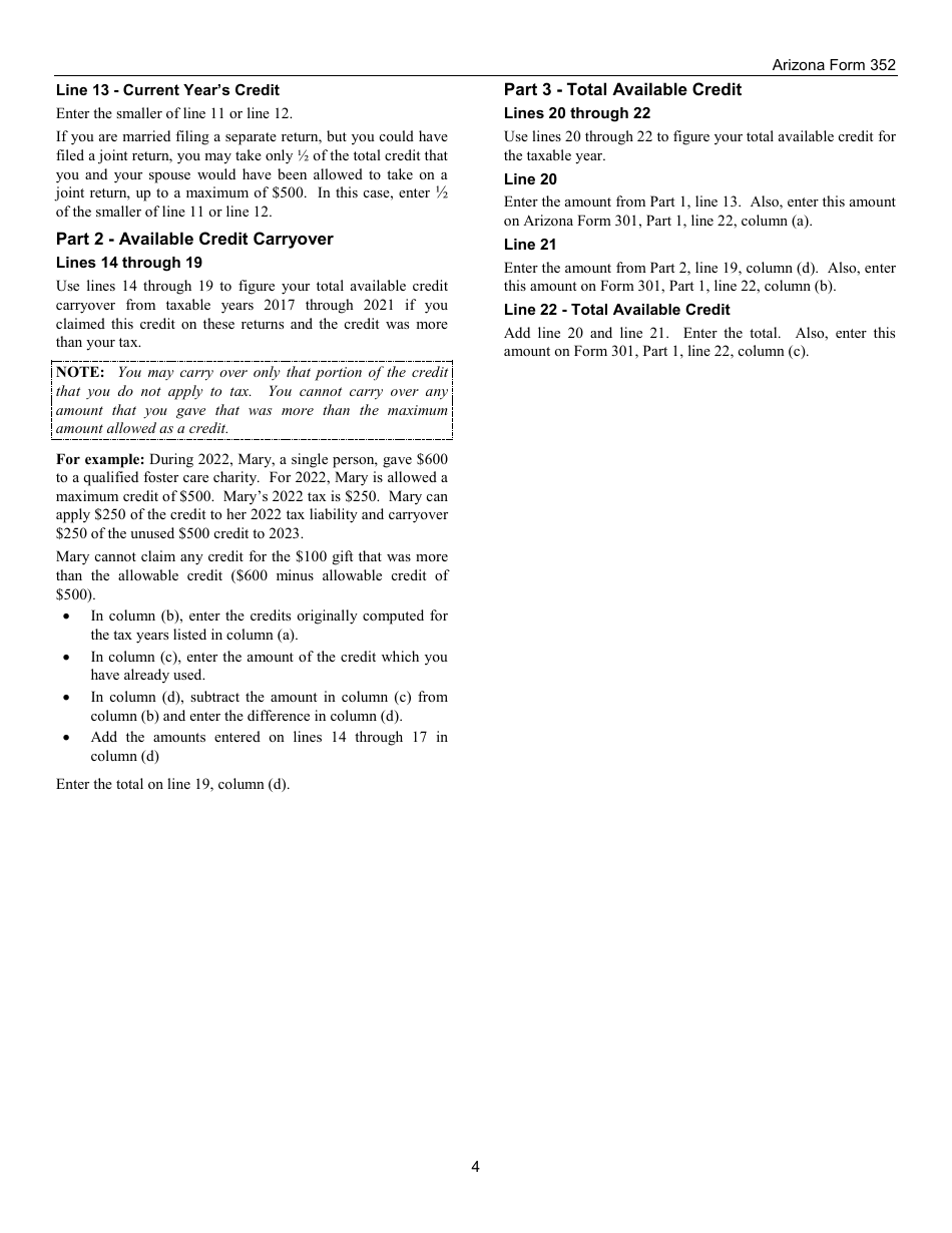 Instructions for Arizona Form 352 Credit for Contributions to Qualifying Foster Care Charitable Organizations - Arizona, Page 4