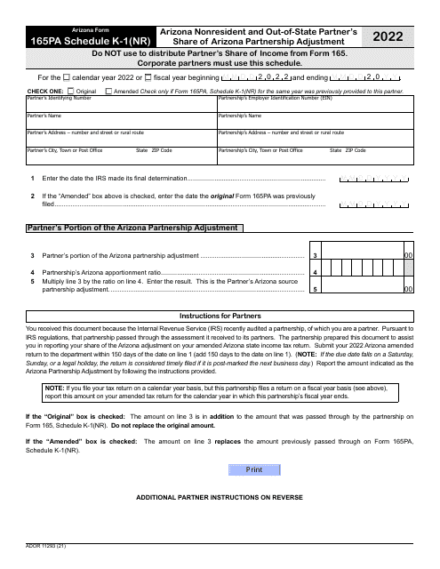 Arizona Form 165PA (ADOR11293) Schedule K-1(NR) Arizona Nonresident and Out-of-State Partner's Share of Arizona Partnership Adjustment - Arizona, 2022