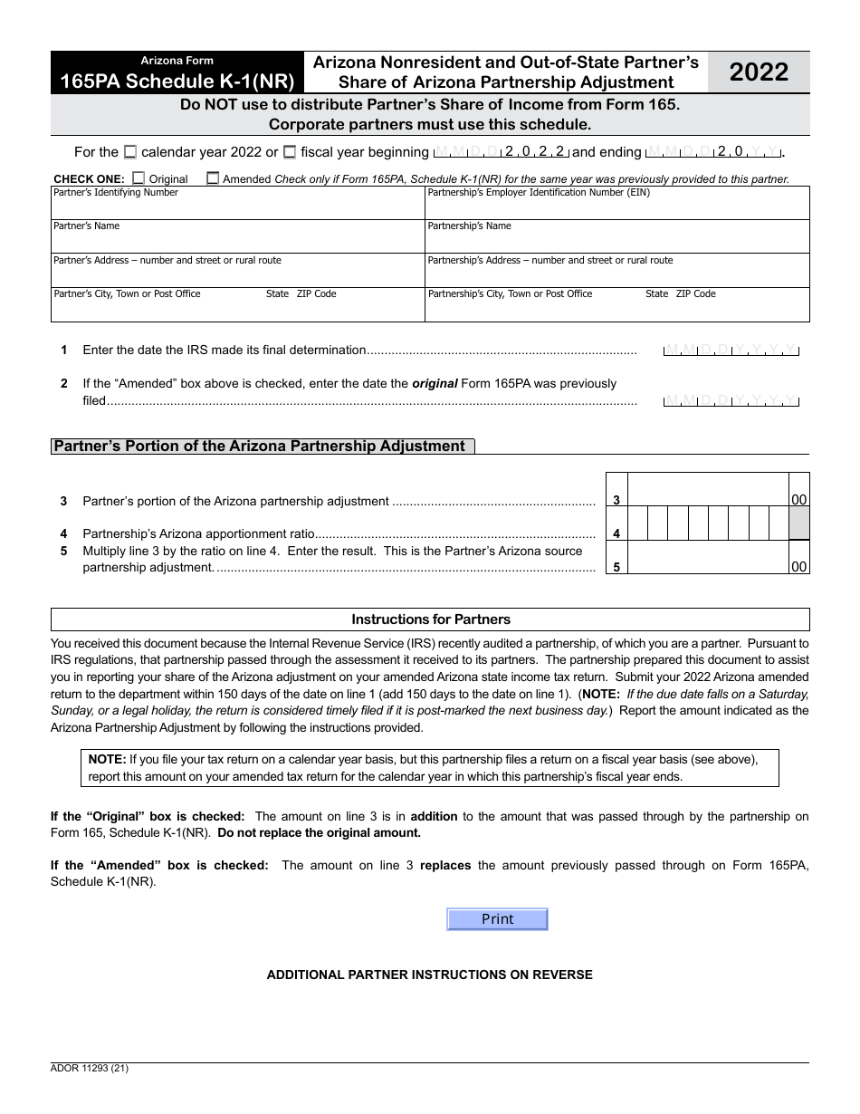 Arizona Form 165PA (ADOR11293) Schedule K-1(NR) Arizona Nonresident and Out-of-State Partners Share of Arizona Partnership Adjustment - Arizona, Page 1