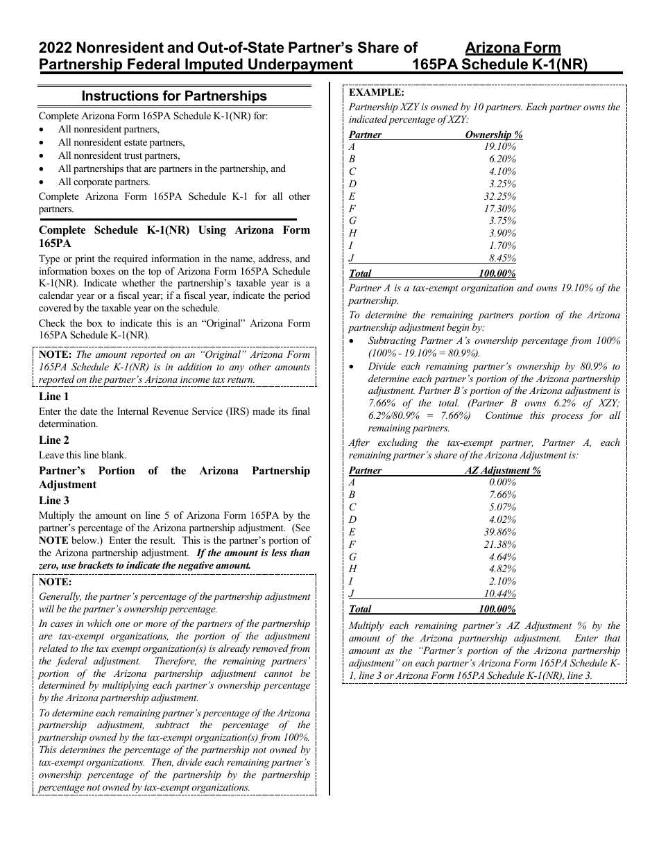 Download Instructions For Arizona Form 165pa Schedule K 1nr Arizona Nonresident And Out Of 0853