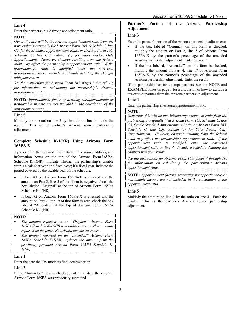 Instructions for Arizona Form 165PA Schedule K-1(NR) Arizona Nonresident and Out-of-State Partners Share of Arizona Partnership Adjustment - Arizona, Page 2