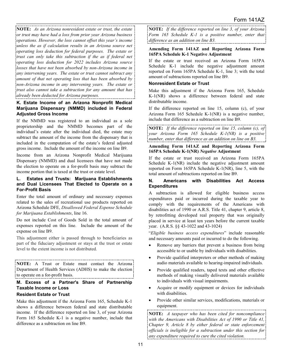 Instructions for Arizona Form 141AZ Arizona Fiduciary Income Tax Return - Arizona, Page 11