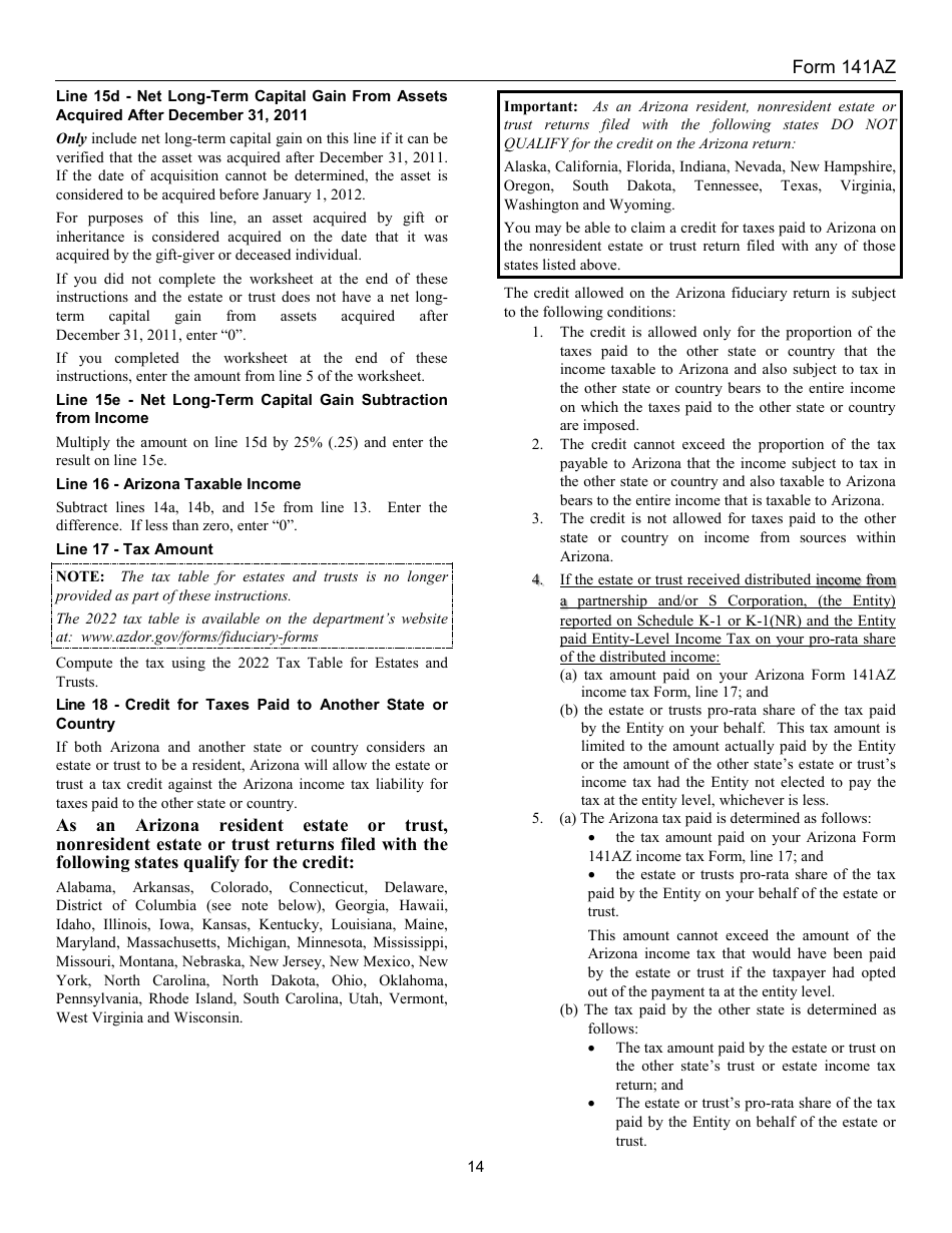 Instructions for Arizona Form 141AZ Arizona Fiduciary Income Tax Return - Arizona, Page 14