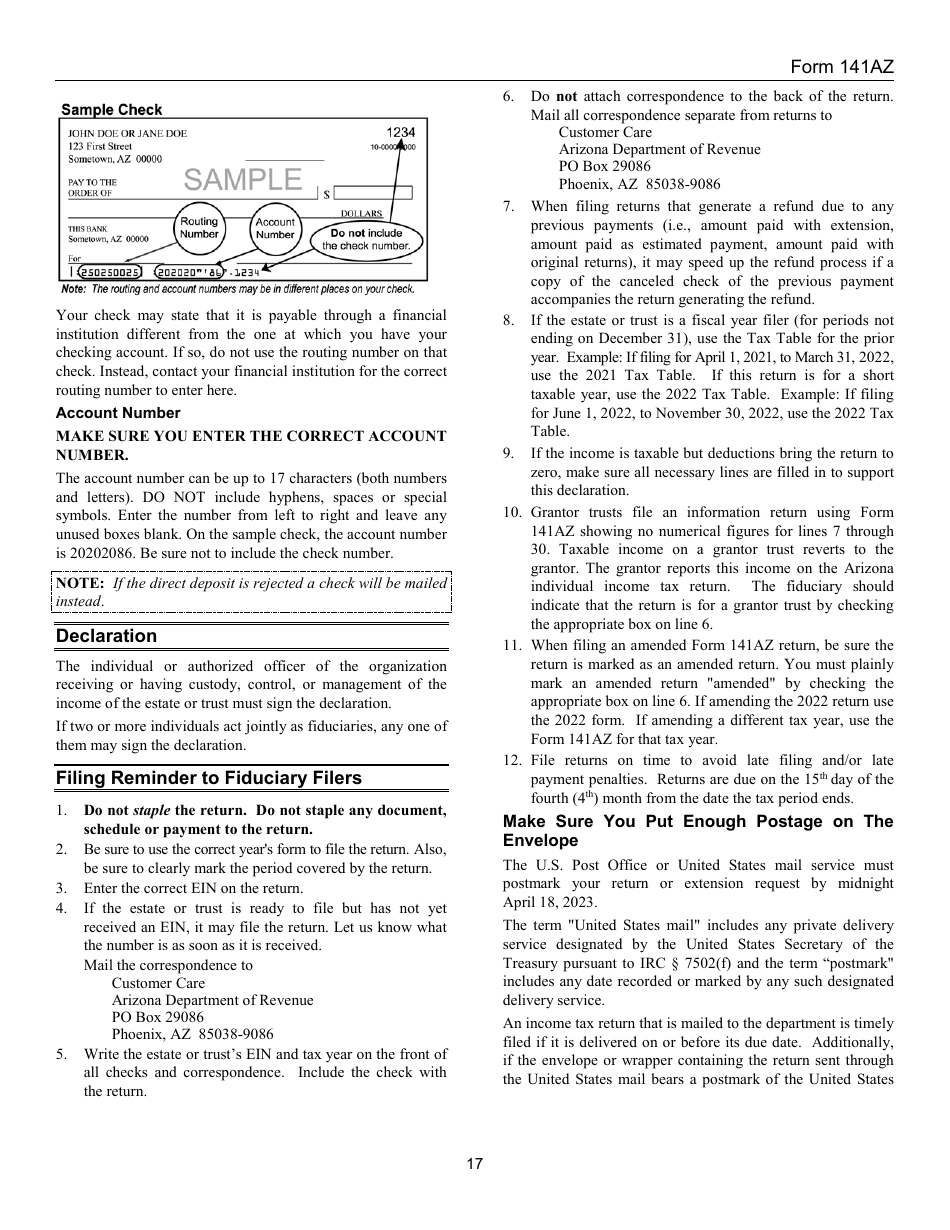 Instructions for Arizona Form 141AZ Arizona Fiduciary Income Tax Return - Arizona, Page 17