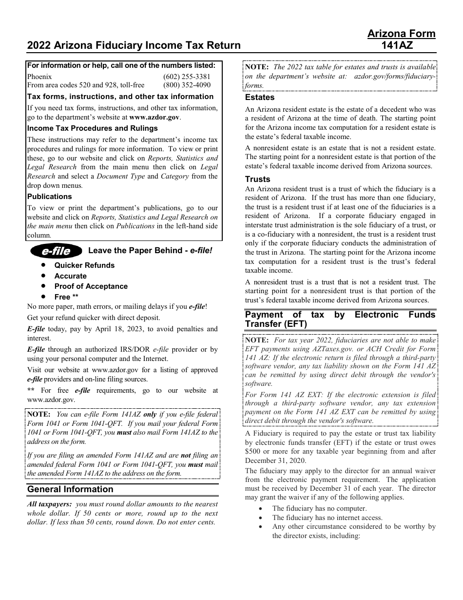 Instructions for Arizona Form 141AZ Arizona Fiduciary Income Tax Return - Arizona, Page 1