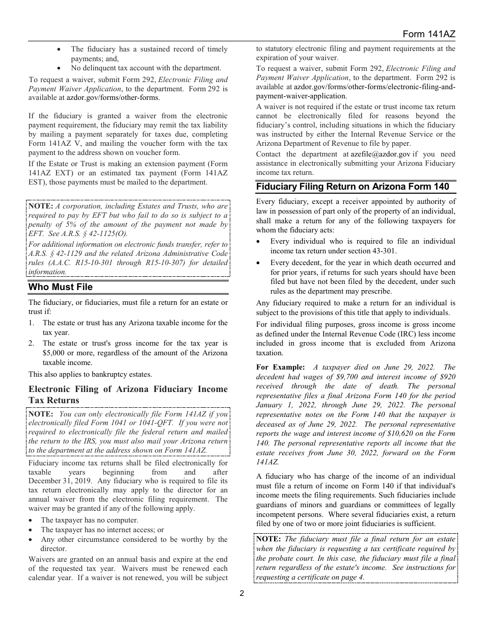 Download Instructions for Arizona Form 141AZ Arizona Fiduciary