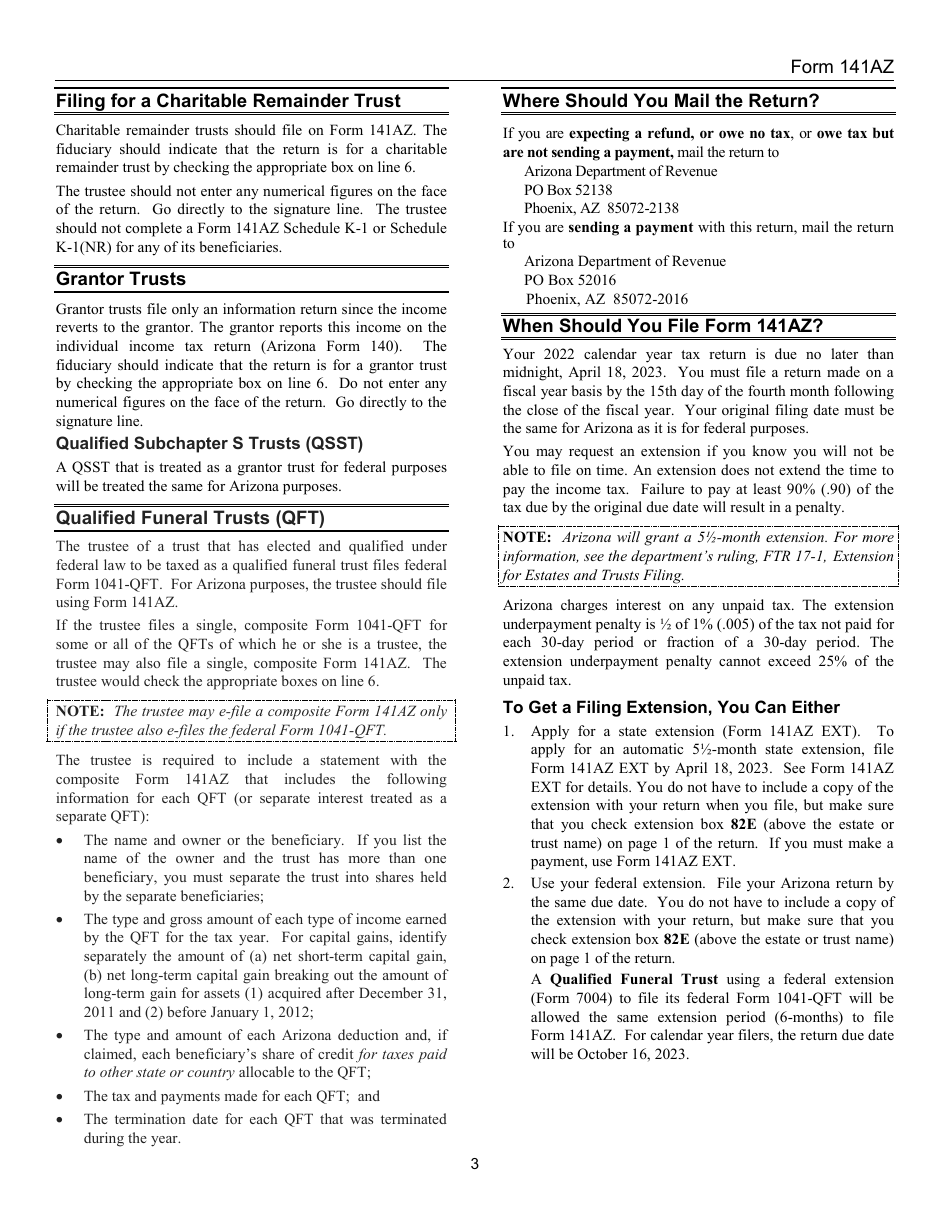 Instructions for Arizona Form 141AZ Arizona Fiduciary Income Tax Return - Arizona, Page 3