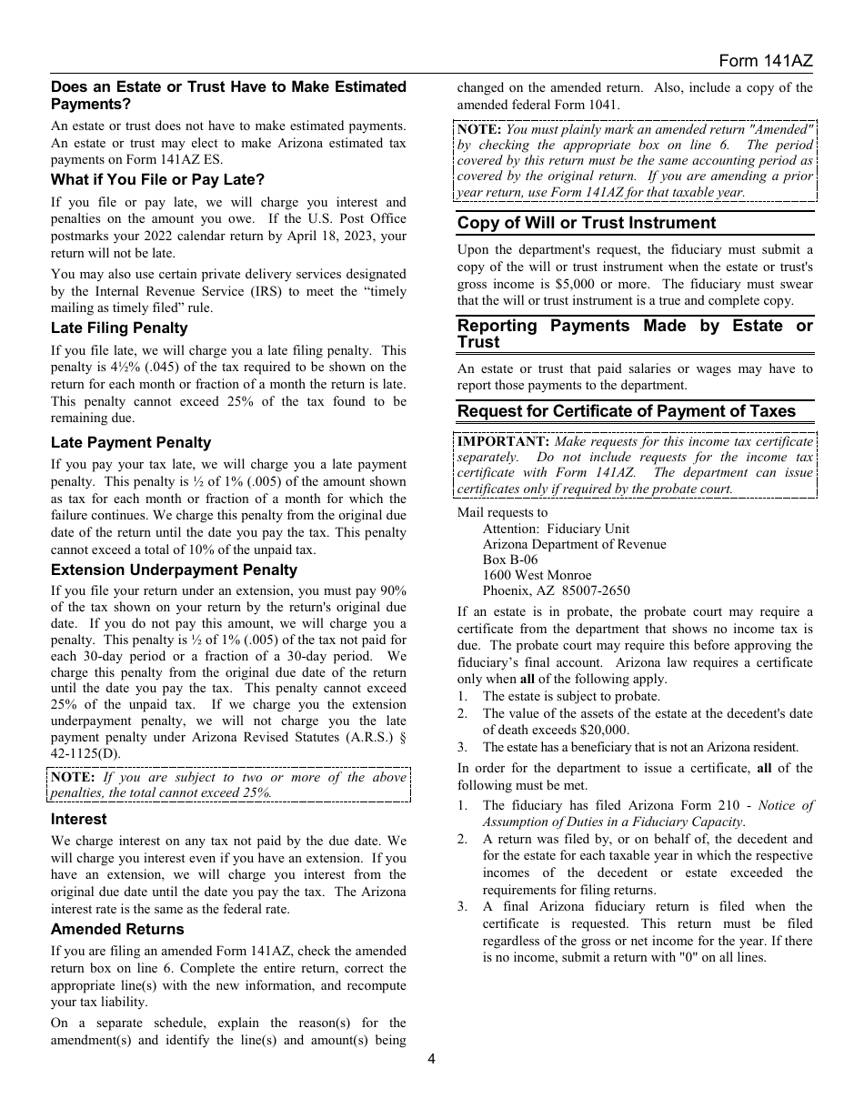Instructions for Arizona Form 141AZ Arizona Fiduciary Income Tax Return - Arizona, Page 4