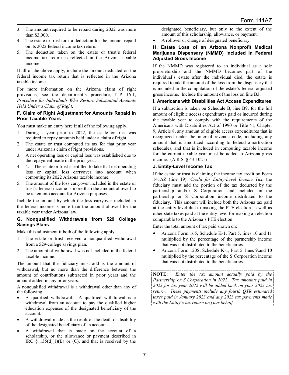 Instructions for Arizona Form 141AZ Arizona Fiduciary Income Tax Return - Arizona, Page 7