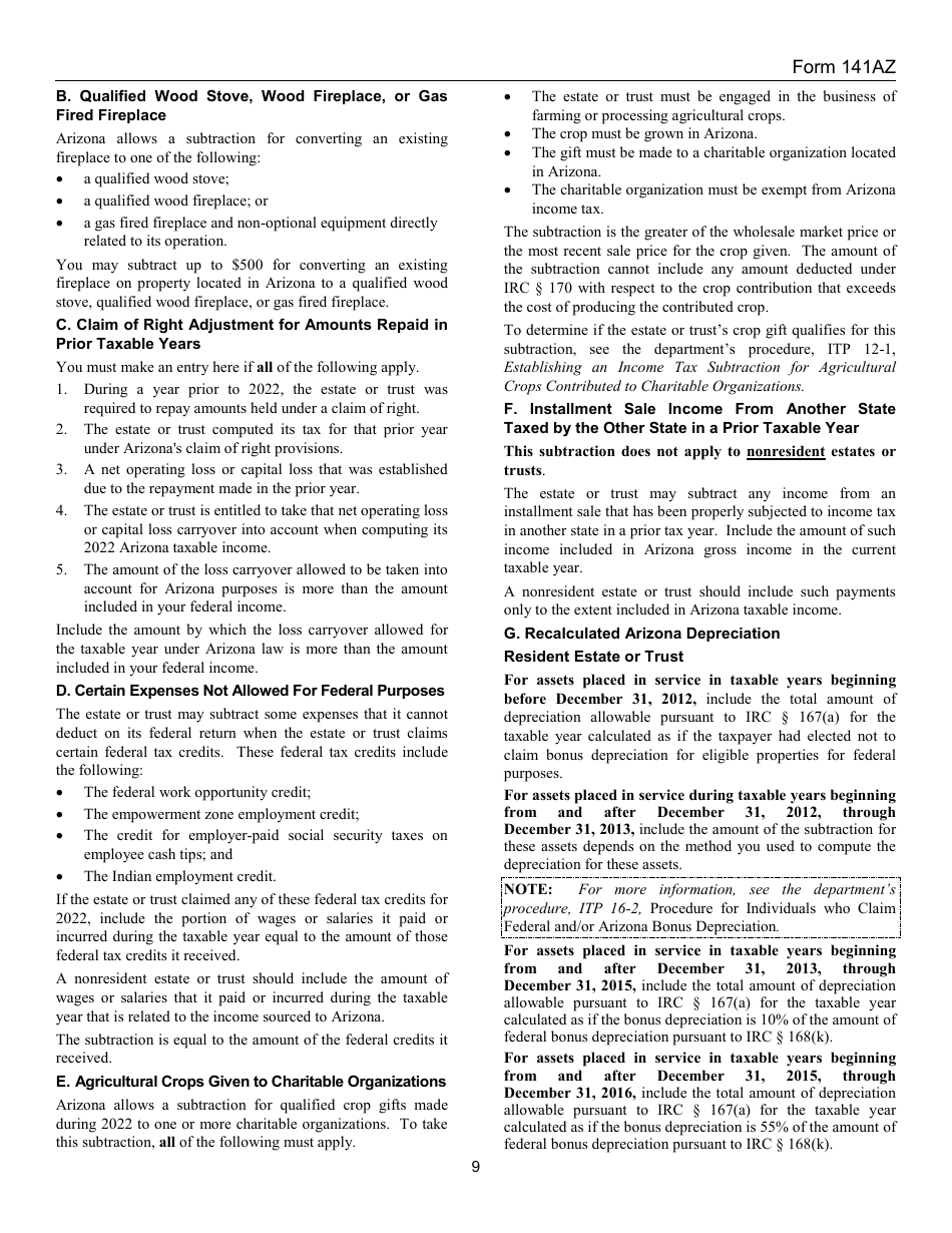 Instructions for Arizona Form 141AZ Arizona Fiduciary Income Tax Return - Arizona, Page 9