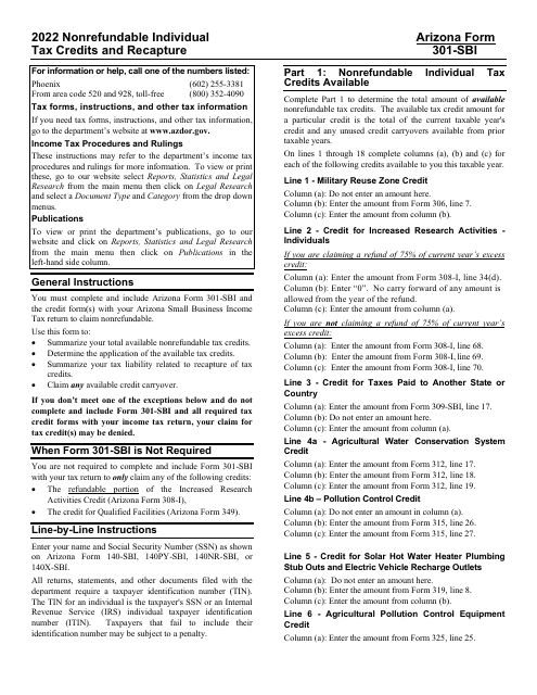 Arizona Form 301-SBI 2022 Printable Pdf