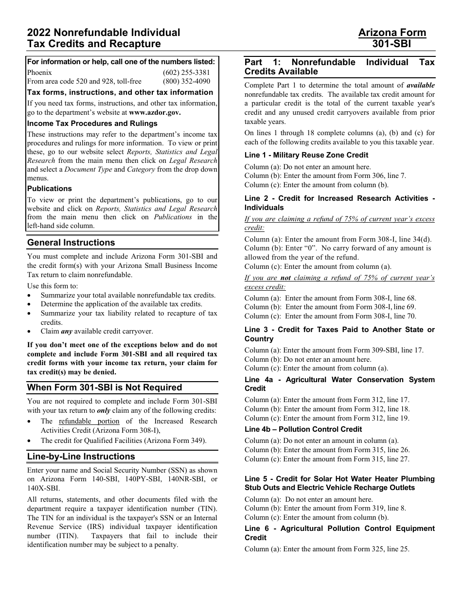 Download Instructions for Arizona Form 301-SBI Nonrefundable Individual ...