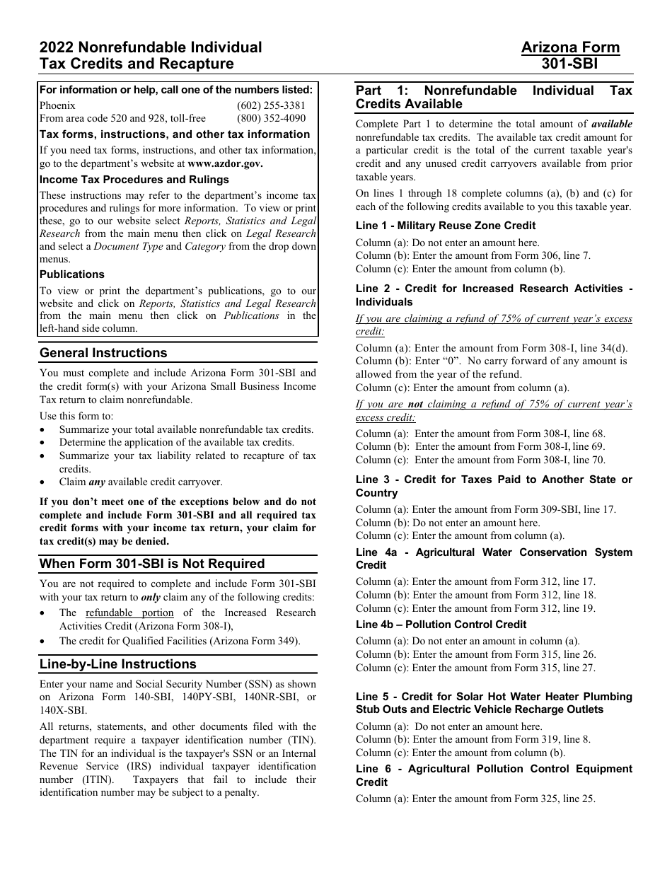 Instructions for Arizona Form 301-SBI Nonrefundable Individual Tax Credits and Recapture - Arizona, Page 1