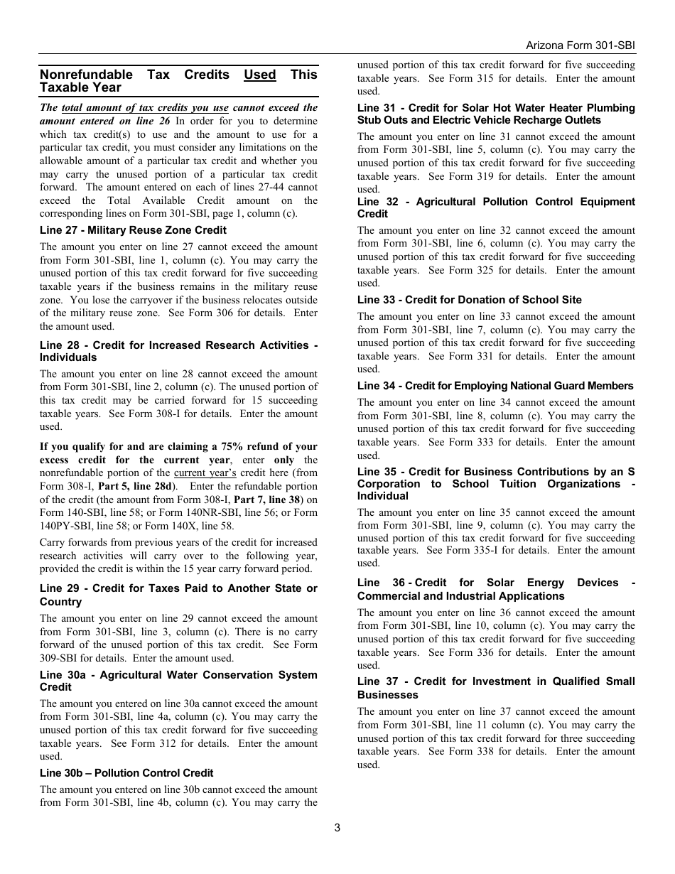 Instructions for Arizona Form 301-SBI Nonrefundable Individual Tax Credits and Recapture - Arizona, Page 3