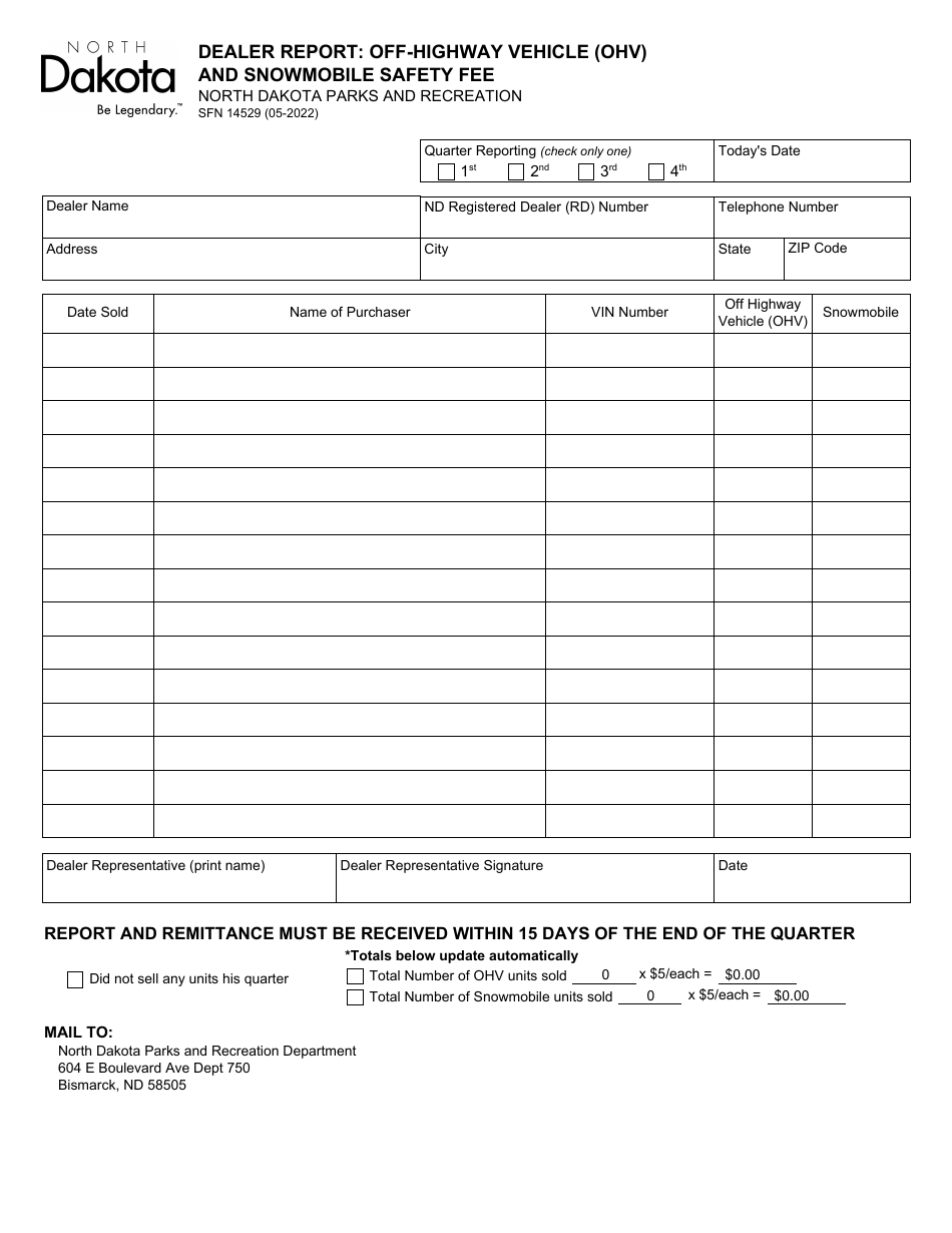 Form SFN14529 Dealer Report: Off-Highway Vehicle (OHV) and Snowmobile Safety Fee - North Dakota, Page 1