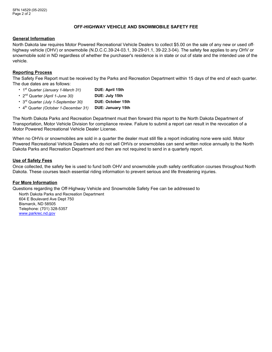 Form SFN14529 Dealer Report: Off-Highway Vehicle (OHV) and Snowmobile Safety Fee - North Dakota, Page 2