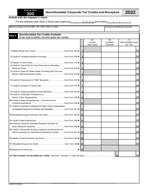 Arizona Form 300 (ADOR10128) Nonrefundable Corporate Tax Credits and Recapture - Arizona, 2022