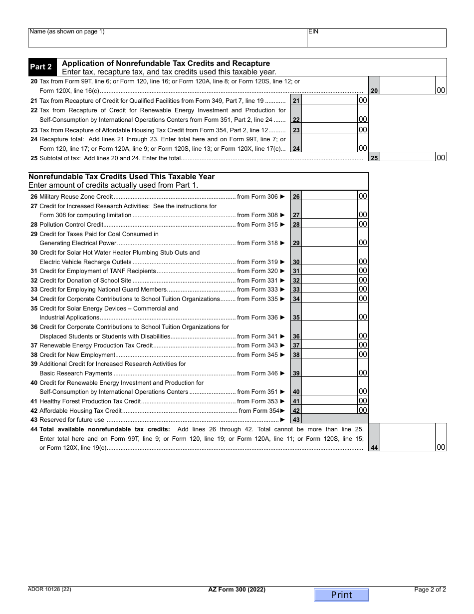 Arizona Form 300 (ADOR10128) Nonrefundable Corporate Tax Credits and Recapture - Arizona, Page 2
