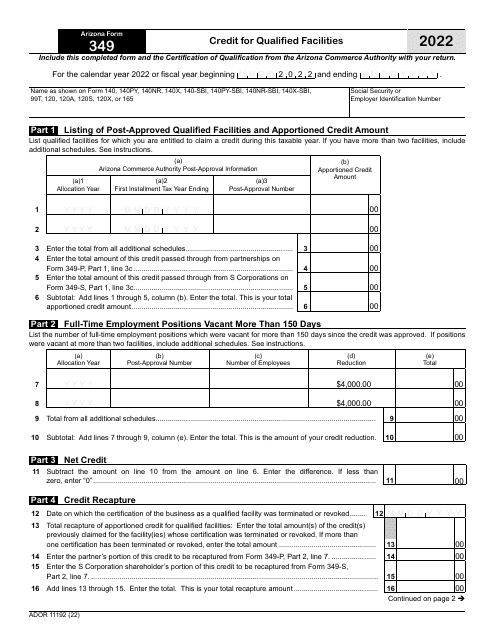 Arizona Form 349 (ADOR11192) Credit for Qualified Facilities - Arizona, 2022
