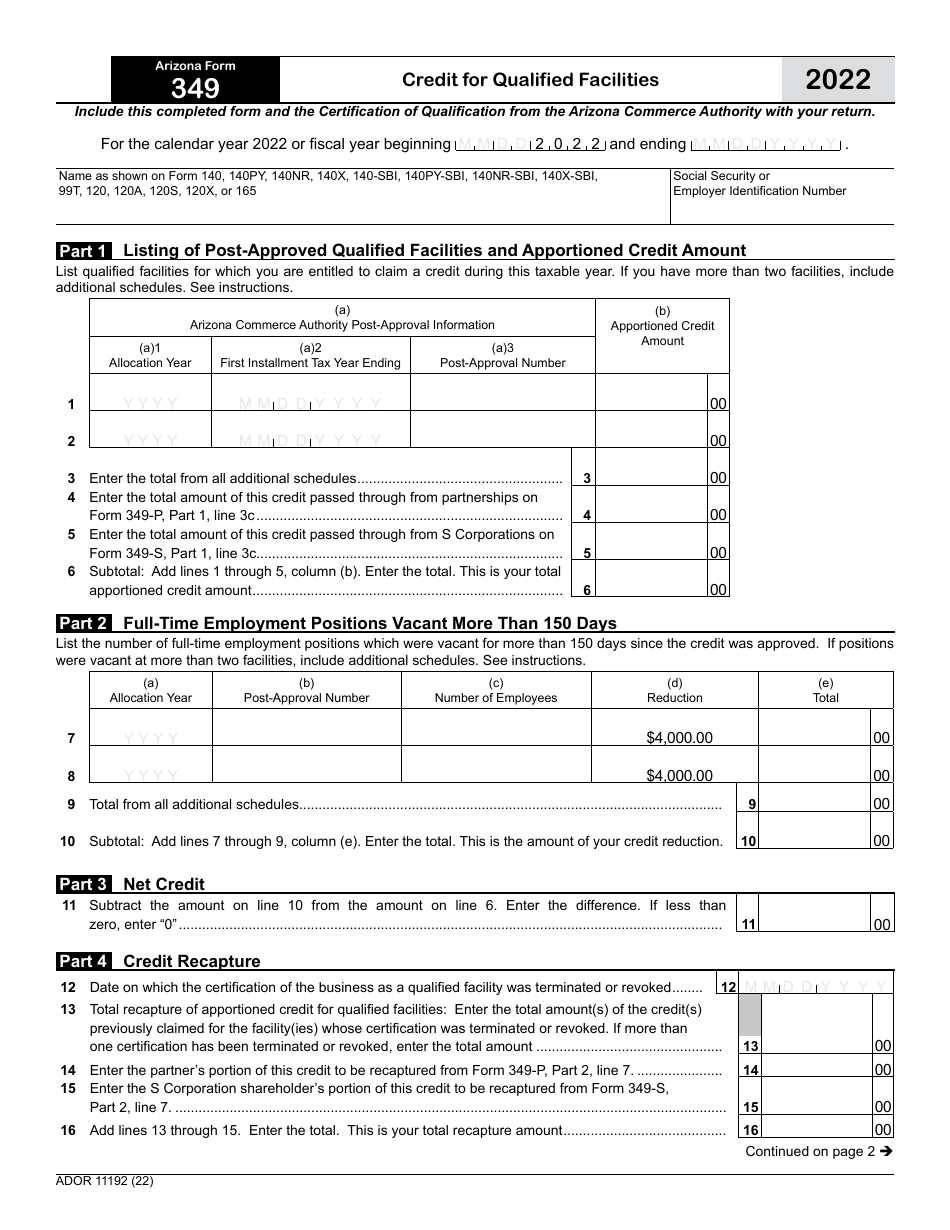 Arizona Form 349 (ADOR11192) Credit for Qualified Facilities - Arizona, Page 1