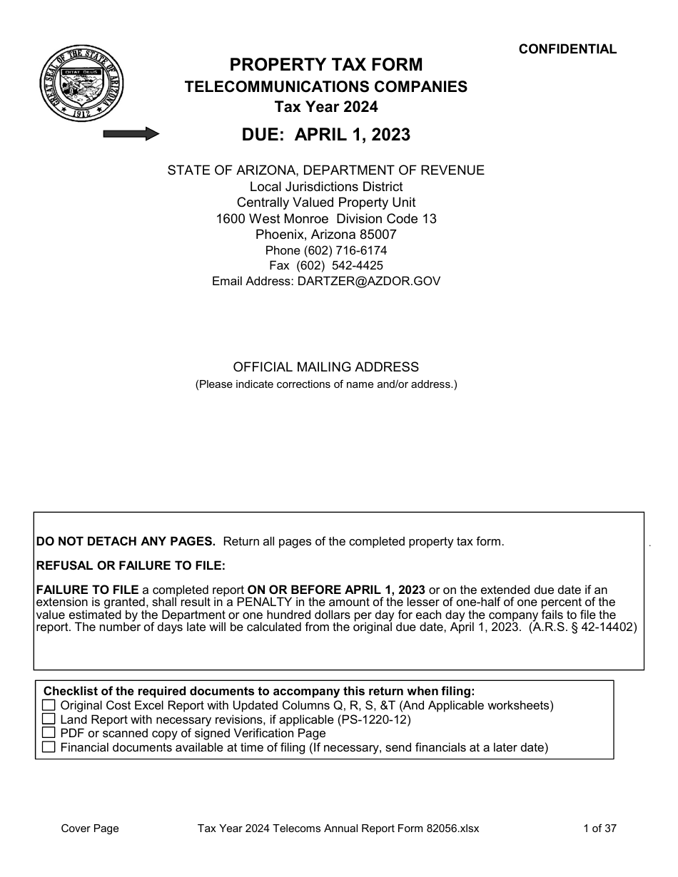Form 82056 Property Tax Forms - Telecommunications Companies - Arizona, Page 1