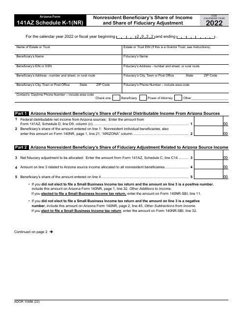 Arizona Form 141AZ (ADOR10586) Schedule K-1(NR) 2022 Printable Pdf