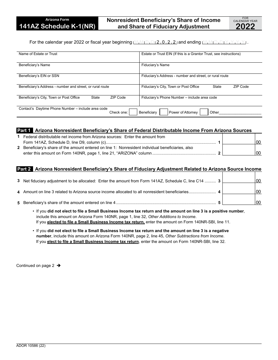 Arizona Form 141AZ (ADOR10586) Schedule K-1(NR) Nonresident Beneficiarys Share of Income and Share of Fiduciary Adjustment - Arizona, Page 1