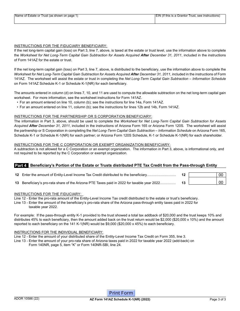 Arizona Form 141az Ador10586 Schedule K 1nr Download Fillable Pdf Or Fill Online Nonresident 7783