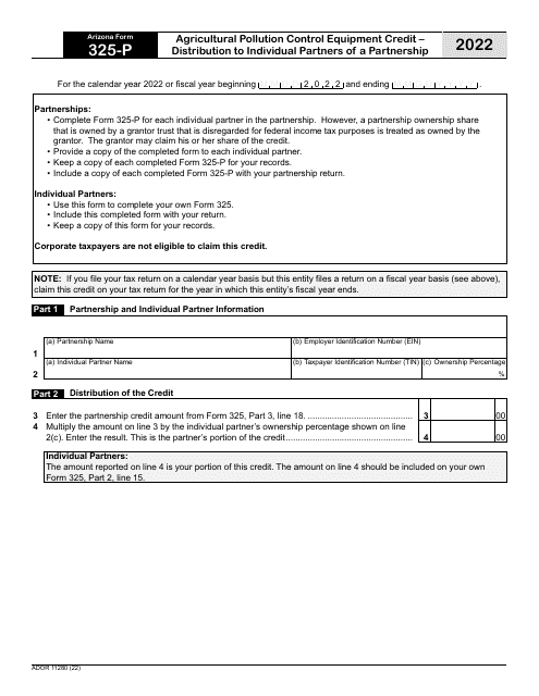 Arizona Form 325-P (ADOR11280) 2022 Printable Pdf