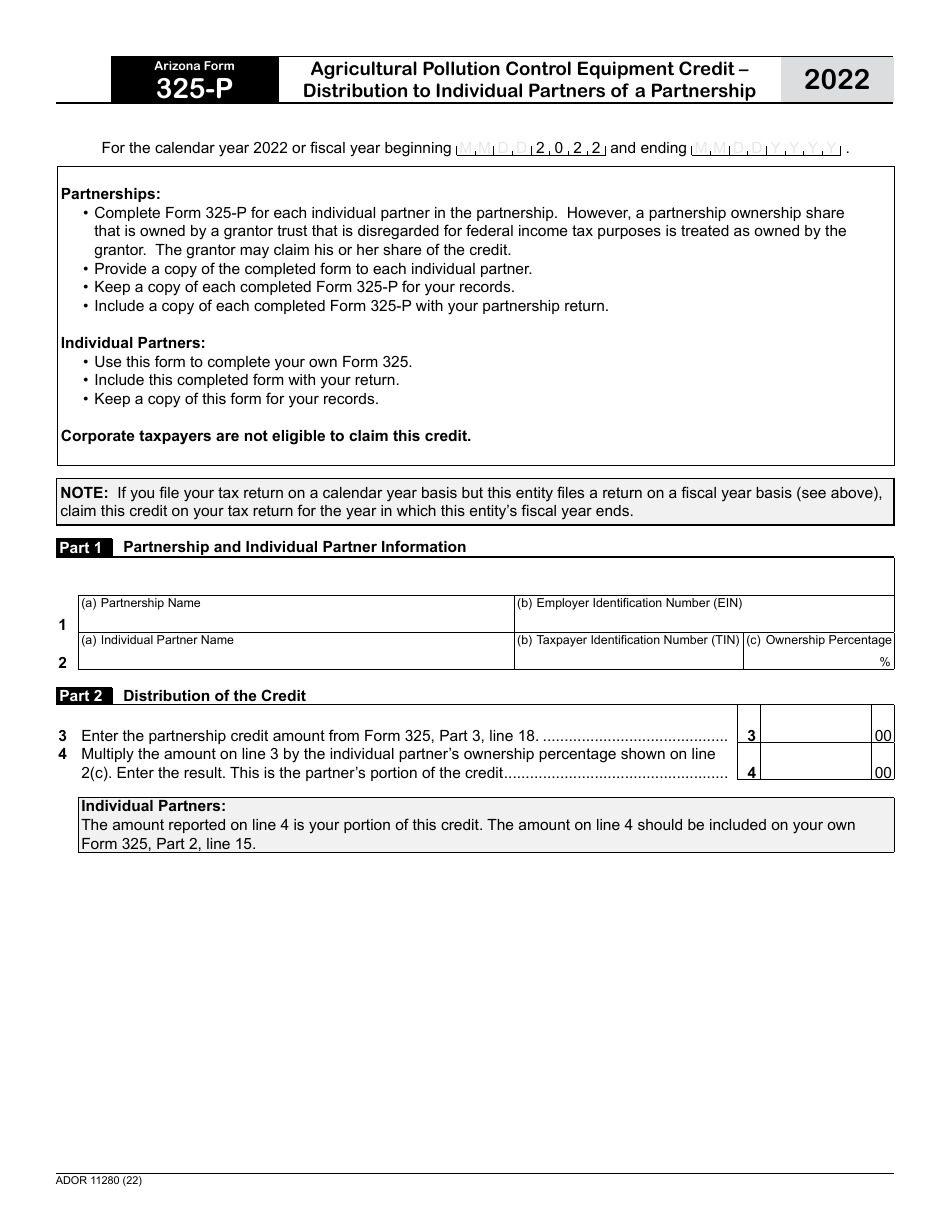 Arizona Form 325-P (ADOR11280) Agricultural Pollution Control Equipment Credit - Distribution to Individual Partners of a Partnership - Arizona, Page 1