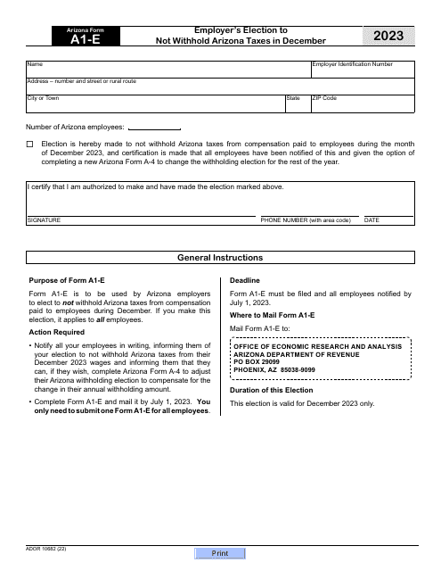 Arizona Form A1-E (ADOR10682) Employer's Election to Not Withhold Arizona Taxes in December - Arizona, 2023
