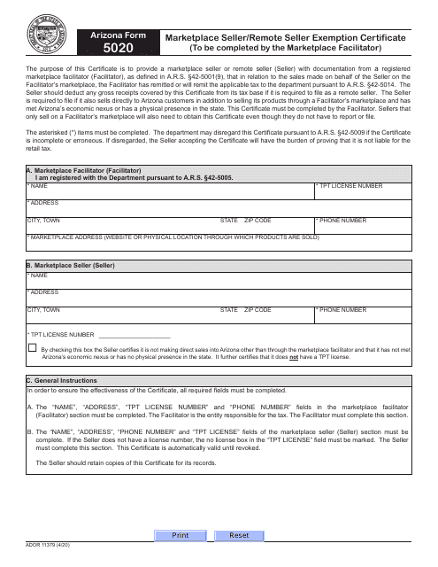 Arizona Form 5020 (ADOR11379) Marketplace Seller/Remote Seller Exemption Certificate - Arizona