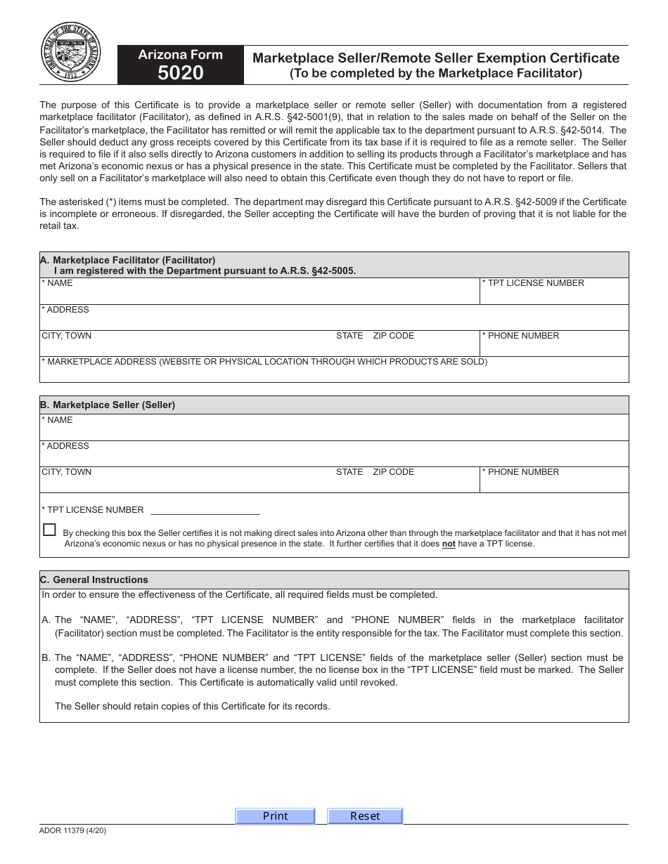 Arizona Form 5020 (ADOR11379) Download Fillable PDF or Fill Online