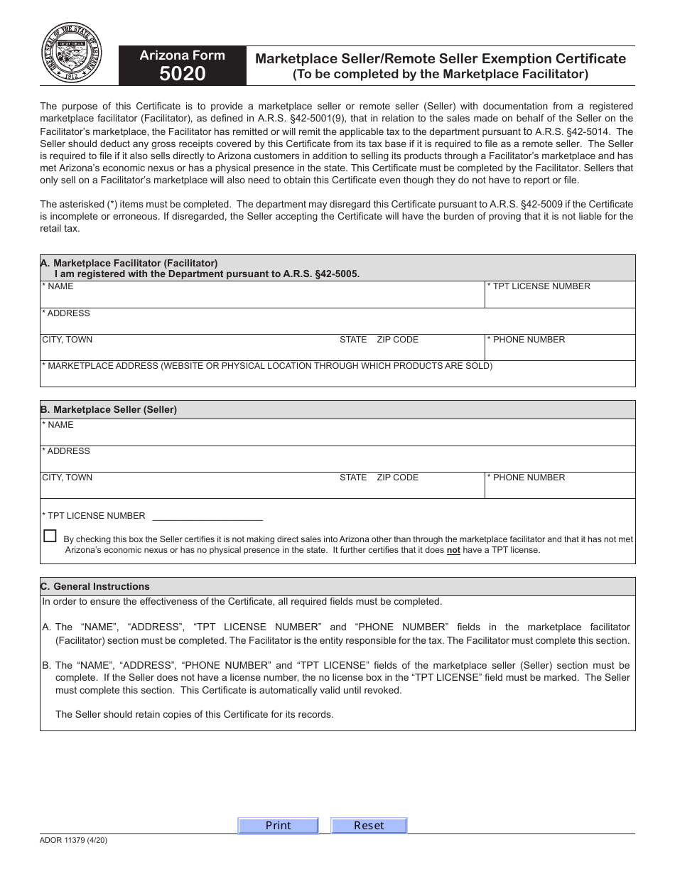 Arizona Form 5020 (ADOR11379) Marketplace Seller / Remote Seller Exemption Certificate - Arizona, Page 1