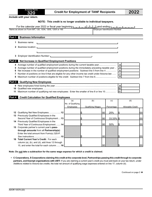 Arizona Form 320 (ADOR10579) Credit for Employment of TANF Recipients - Arizona, 2022