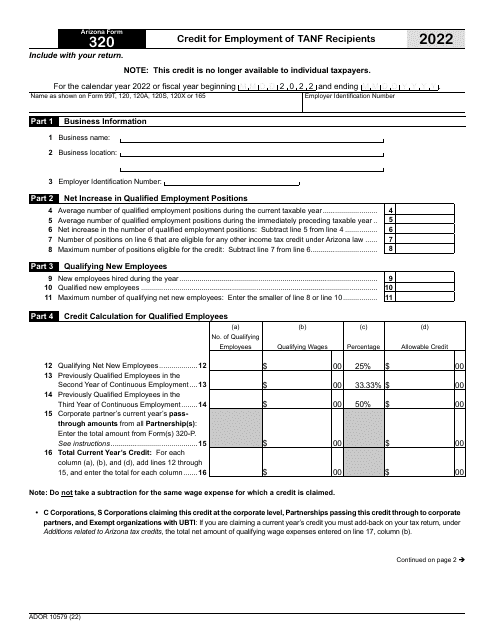 Arizona Form 320 (ADOR10579) 2022 Printable Pdf