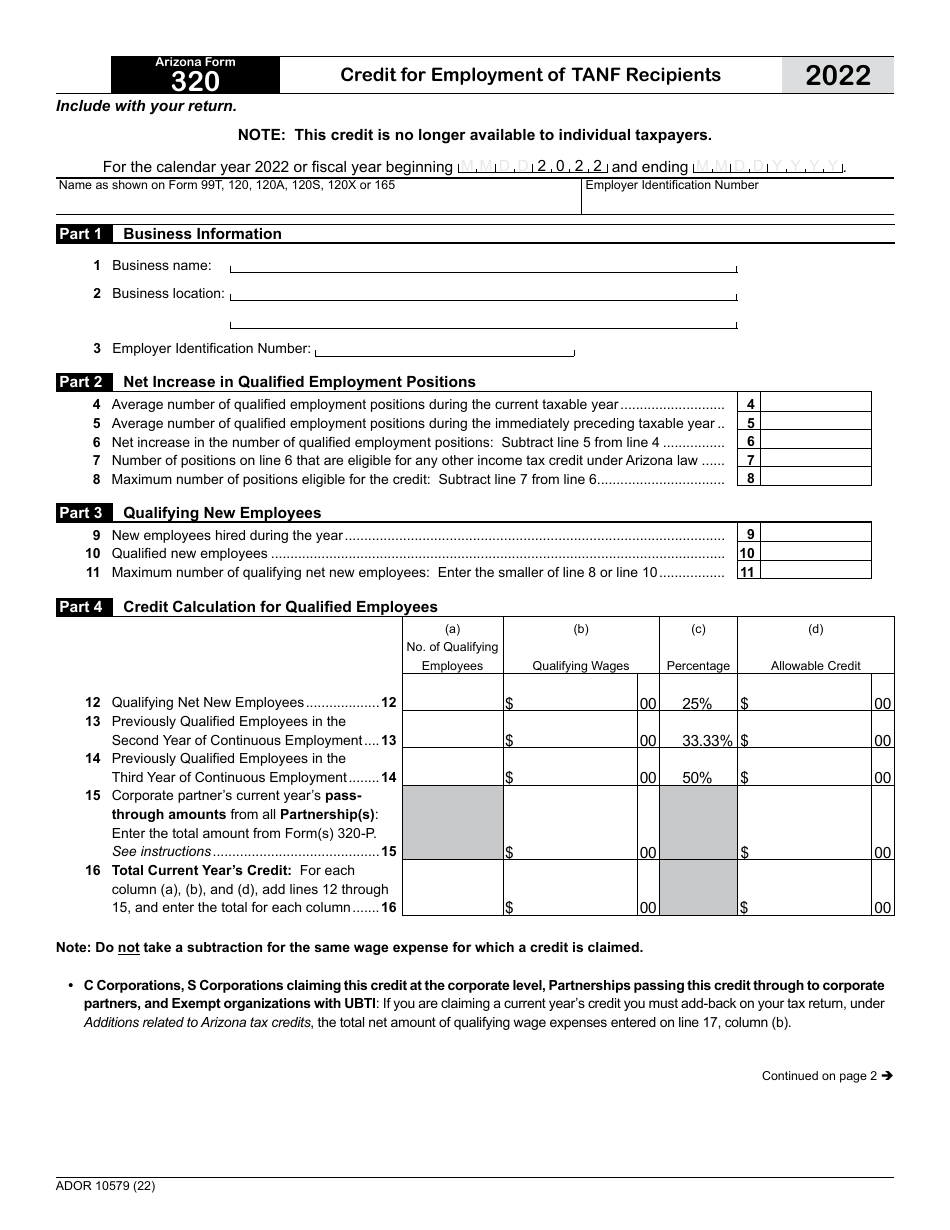 Arizona Form 320 (ADOR10579) Credit for Employment of TANF Recipients - Arizona, Page 1