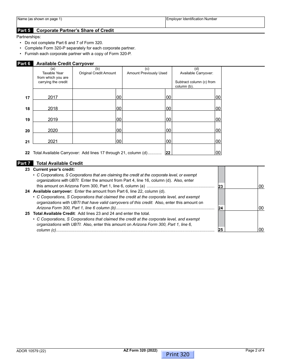 Arizona Form 320 (ADOR10579) Credit for Employment of TANF Recipients - Arizona, Page 2