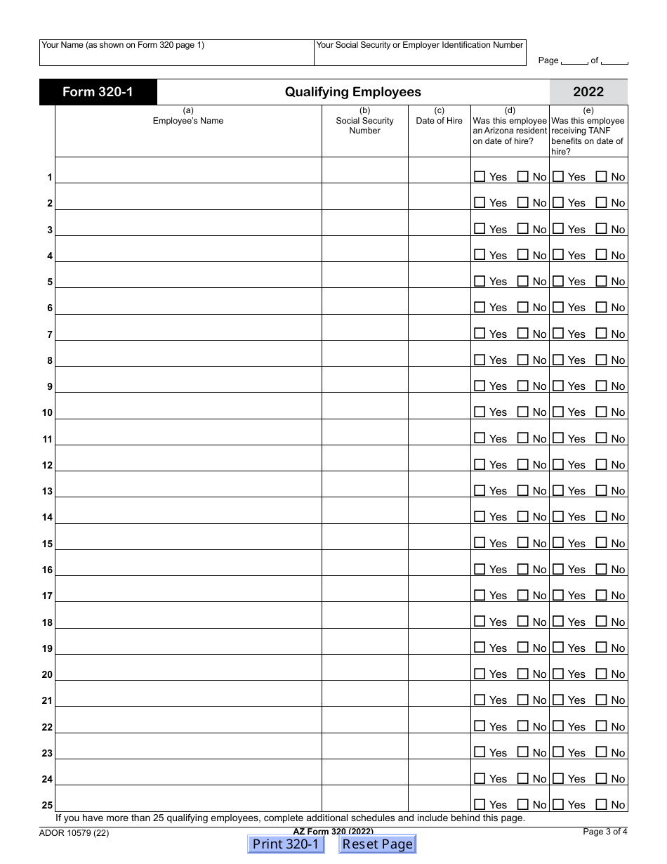 Arizona Form 320 (ADOR10579) Credit for Employment of TANF Recipients - Arizona, Page 3