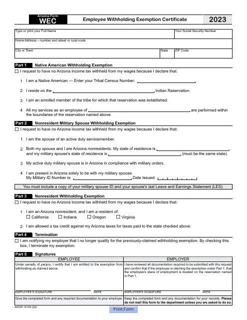 Arizona Form WEC (ADOR10125) Employee Withholding Exemption Certificate - Arizona, 2023