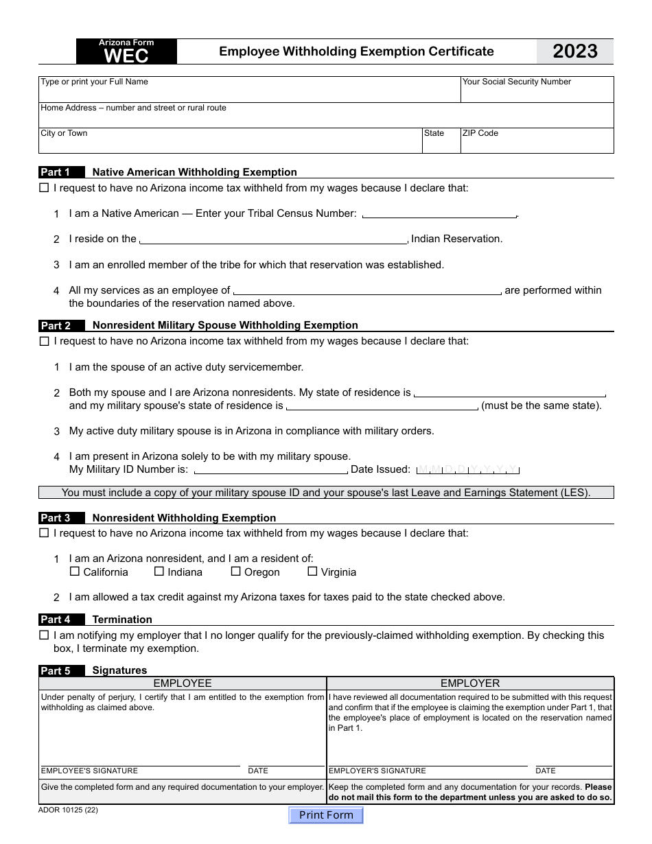 Arizona Form WEC (ADOR10125) Download Fillable PDF or Fill Online