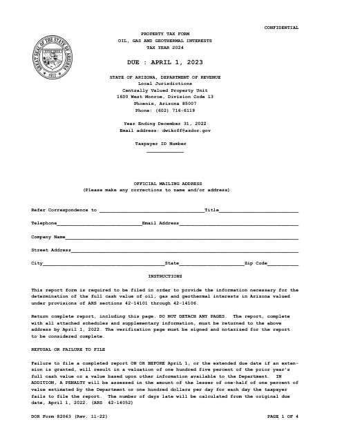 DOR Form 82063 Property Tax Form - Oil, Gas and Geothermal Interests - Arizona, 2024