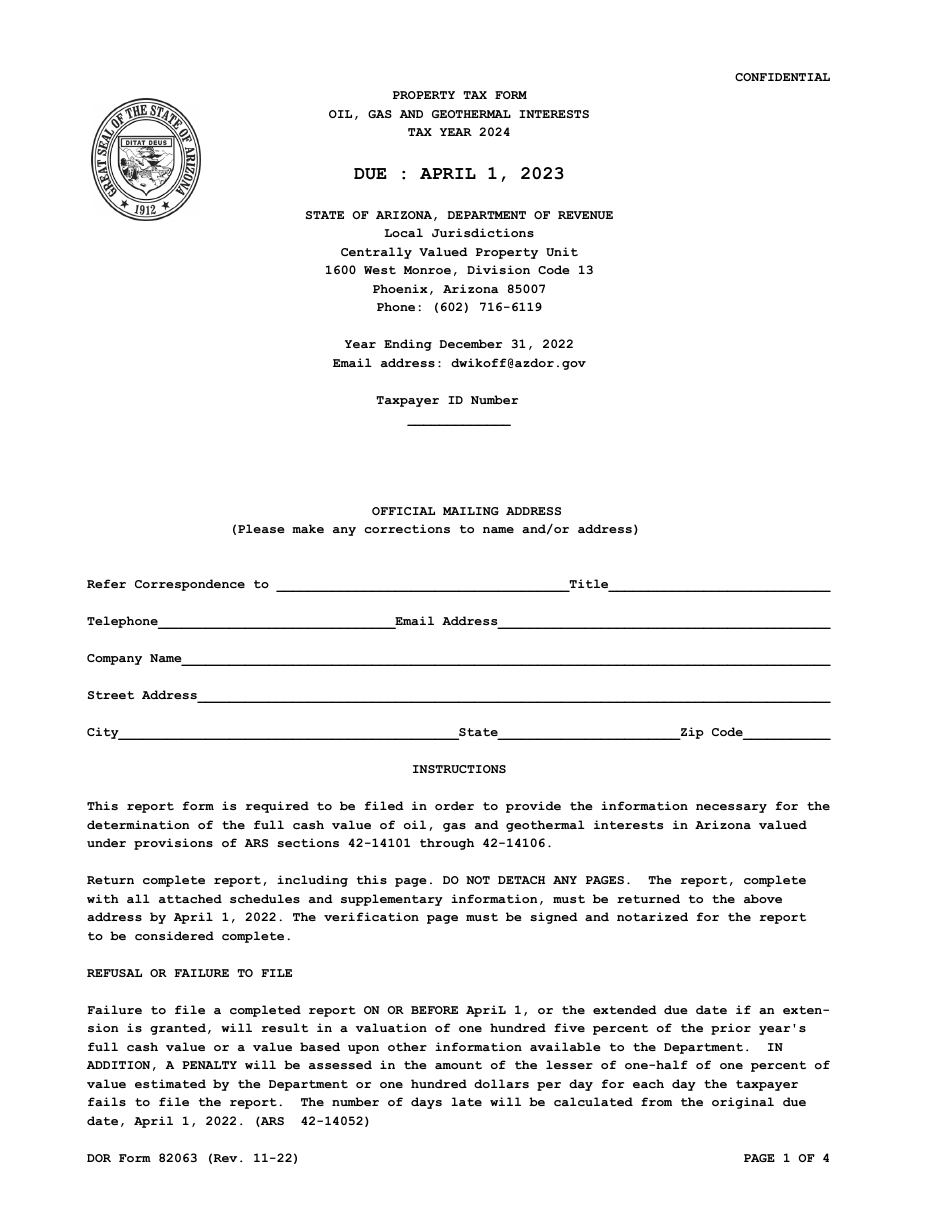 DOR Form 82063 Property Tax Form - Oil, Gas and Geothermal Interests - Arizona, Page 1