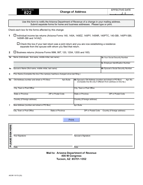 Arizona Form 822 (ADOR10173) Change of Address - Arizona